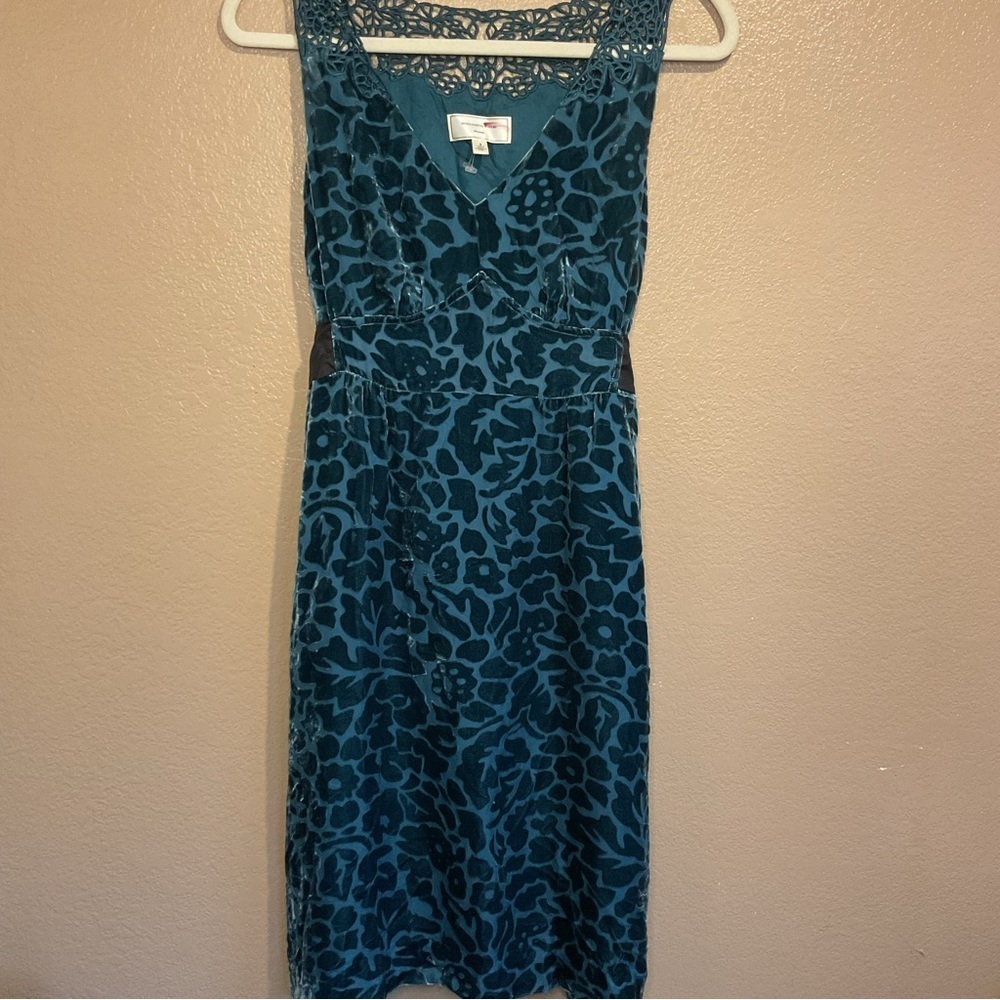 Moulinette Soeurs Anthropologie Velour Floral Blue Silky Midi Style Dress A33